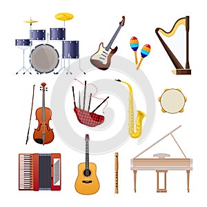 Set of classical wooden and metallic musical instruments.