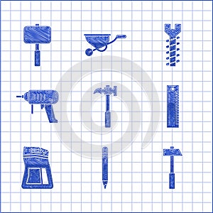 Set Claw hammer, Pencil with eraser, Hammer, Ruler, Cement bag, Electric drill machine, Metallic screw and Sledgehammer