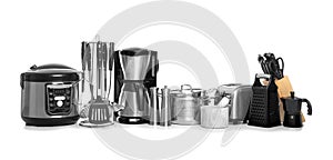 Set of clean cookware, utensils and appliances isolated