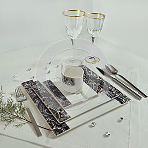 Set of clean tableware, dishes, plates, utensils