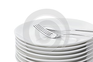 Set of clean tableware on white background, closeup
