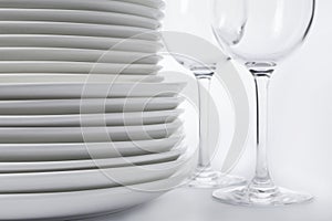 Set of clean tableware on white background, closeup