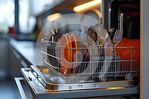 Set of clean wet tableware in dishwasher