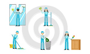 Set of cleaners in overalls at work. Vector illustration.