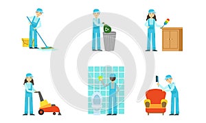Set of cleaners in a uniform at work. Vector illustration.