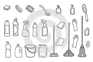 Set of cleaning equipment. Cleaning line icons. Line of hand-drawn equipment, cleaning supplies and tools for washing