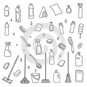 Set of cleaning equipment. Cleaning line icons. Line of hand-drawn equipment, cleaning supplies and tools for washing