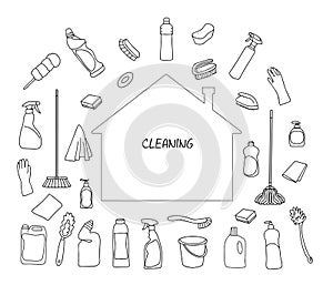 Set of cleaning equipment. Cleaning line icons. Line of hand-drawn equipment, cleaning supplies and tools for washing