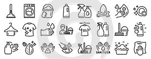 Set of Cleaning icons, such as Household service, Clean bubbles, Clean dishes. Vector