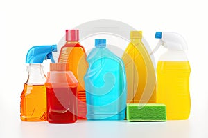 A set of cleaning products in different plastic bottles for cleaning