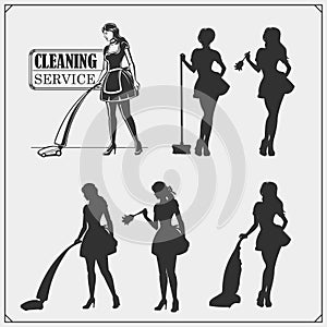 Set of cleaning service emblems with beautiful young maid. Clining badges, labels and design elements. Vintage style.