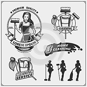 Set of cleaning service emblems with beautiful young maid. Clining badges, labels and design elements. Vintage style.