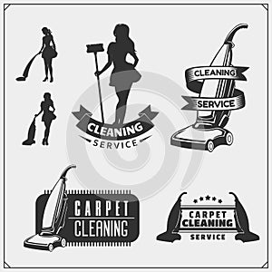 Set of cleaning service emblems with beautiful young maid. Clining badges, labels and design elements. Vintage style. photo