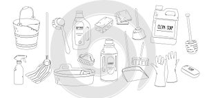 Set Of Cleaning Service Equipment, Supplies For Washing Vector Outline Icons. Isolated Gloves, Bucket, Detergent, Basin
