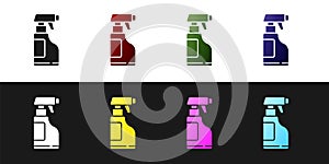 Set Cleaning spray bottle with detergent liquid icon isolated on black and white background. Vector Illustration