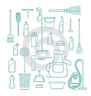 Set of cleaning supplies. Tools of housecleaning. Vector outline illustration photo