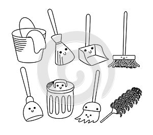 Set of cleaning supplies in kawaii doodle artline