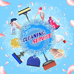 Set Cleaning Tools. Logo Cleaning Service. Vector.
