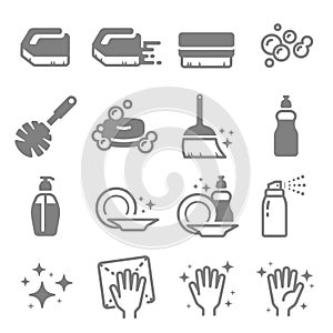 Set of Cleaning Vector Line Icons. Brush, Spray, Bubbles, Clean Surface, Soap and more.