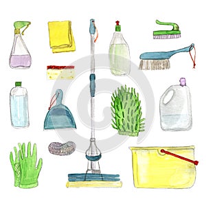 Set of cleanings tools on white background.