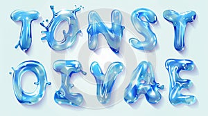 Set of clear blue water or gel drops in the shape of letters in English. Modern realistic set, pure aqua splashes.
