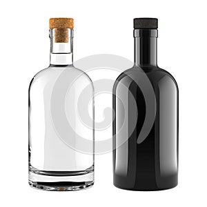 A Set of Clear Glass and Black Bottles for Whiskey, Vodka, Gin, Rum, Liquor or Tequila Bottle. photo