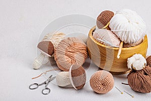 Set of clew of thread for knitting. Crocheted mushrooms, handmade, hobby concept. Props