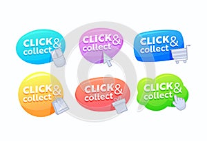 Set of Click and Collect Banners, Colorful Speech Bubbles, Digital Buttons to Enter on Web Page. Promo Pointer Icons