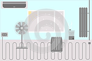 Set of climate technology. Devices for comfortable stay and living in an apartment if street is hot or cold. Vector illustration