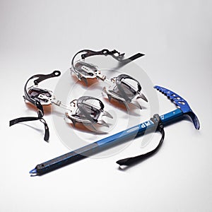 Set of climbing equipment on white background