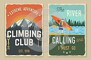 Set of climbing and kayaking retro posters. Vector. Vintage typography design with mountains and kayaker silhouette