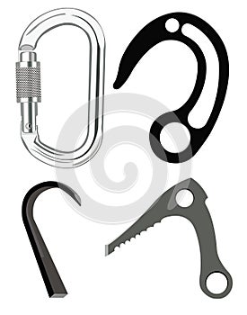 Set of climbing nails and carabiner vector