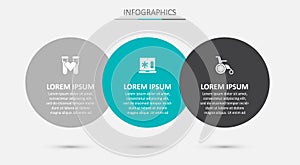 Set Clinical record on laptop, Test tube with blood and Wheelchair for disabled person. Business infographic template