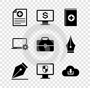 Set Clinical record, Monitor with dollar, Medical book, Fountain pen nib, and shield and Cloud download icon. Vector