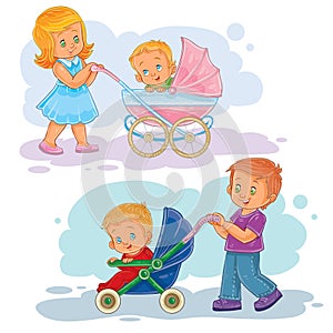 Set clip art illustrations older brother and sister wheeled baby carriage, stroller