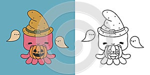 Set Clipart Halloween Octopus Coloring Page and Colored Illustration. Kawaii Halloween Ocean Animal.