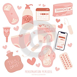 Set of clipart menstruation period elements. Reproductive system and uterus concept. Menses objects pills, calendar, tampons,