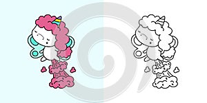 Set Clipart Unicorn Multicolored and Black and White Kawaii Clip Art Unicorn. Vector Illustration of a Kawaii for Prints
