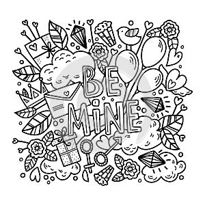 A set of clipart vector elements. Collection of black illustrations flowers, hearts, desserts for Valentine Day lineart