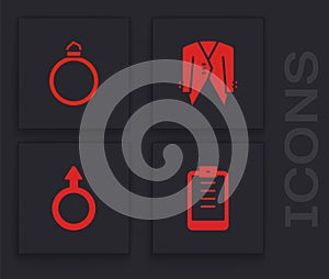Set Clipboard with checklist, Diamond engagement ring, Suit and Male gender symbol icon. Vector