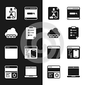Set Clipboard with checklist, Web development, Flowchart, Search engine, Browser window, Software, Laptop and Debugging