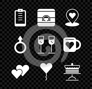 Set Clipboard with checklist, Wedding rings, Location heart, Heart, Balloon form of, Cake plate, Male gender symbol and