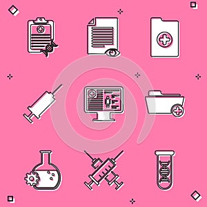 Set Clipboard with DNA analysis, Paper page eye, Clinical record, Syringe, on monitor and Health folder icon. Vector