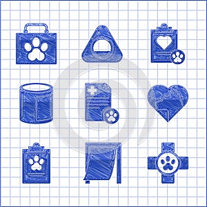 Set Clipboard with medical clinical record pet, Door for, Veterinary symbol, Heart cat, Canned food, and Pet first aid