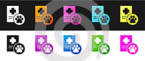 Set Clipboard with medical clinical record pet icon isolated on black and white background. Health insurance form