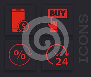 Set Clock 24 hours, Smartphone with dollar, Buy button and Discount percent tag icon. Vector