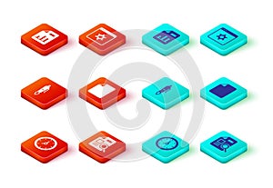 Set Clock, Document with graph chart, Fountain pen nib, File document, Browser setting and icon. Vector