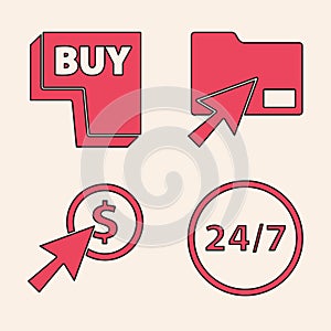 Set Clock 24 hours, Buy button, Cursor click document folder and Cursor and coin icon. Vector