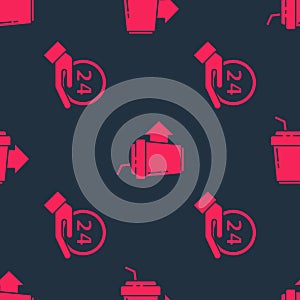 Set Clock 24 hours and Coffee cup to go on seamless pattern. Vector