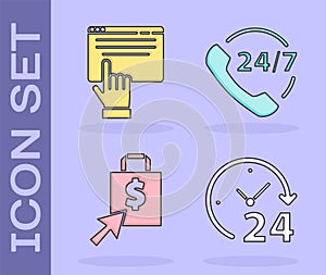 Set Clock 24 hours, Online shopping on screen, Shoping bag and dollar and Telephone 24 hours support icon. Vector